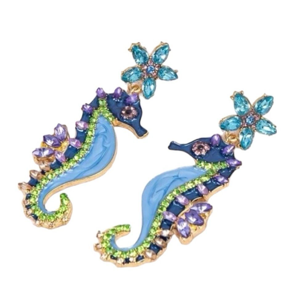 Summer Bohemian Ocean Blue Crystal Rhinestone Seahorse Flower Drop Earrings - Picture 2 of 7